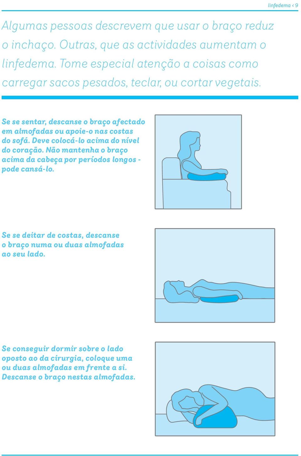 linfedema < 9 Se se sentar, descanse o braço afectado em almofadas ou apoie-o nas costas do sofá. Deve colocá-lo acima do nível do coração.