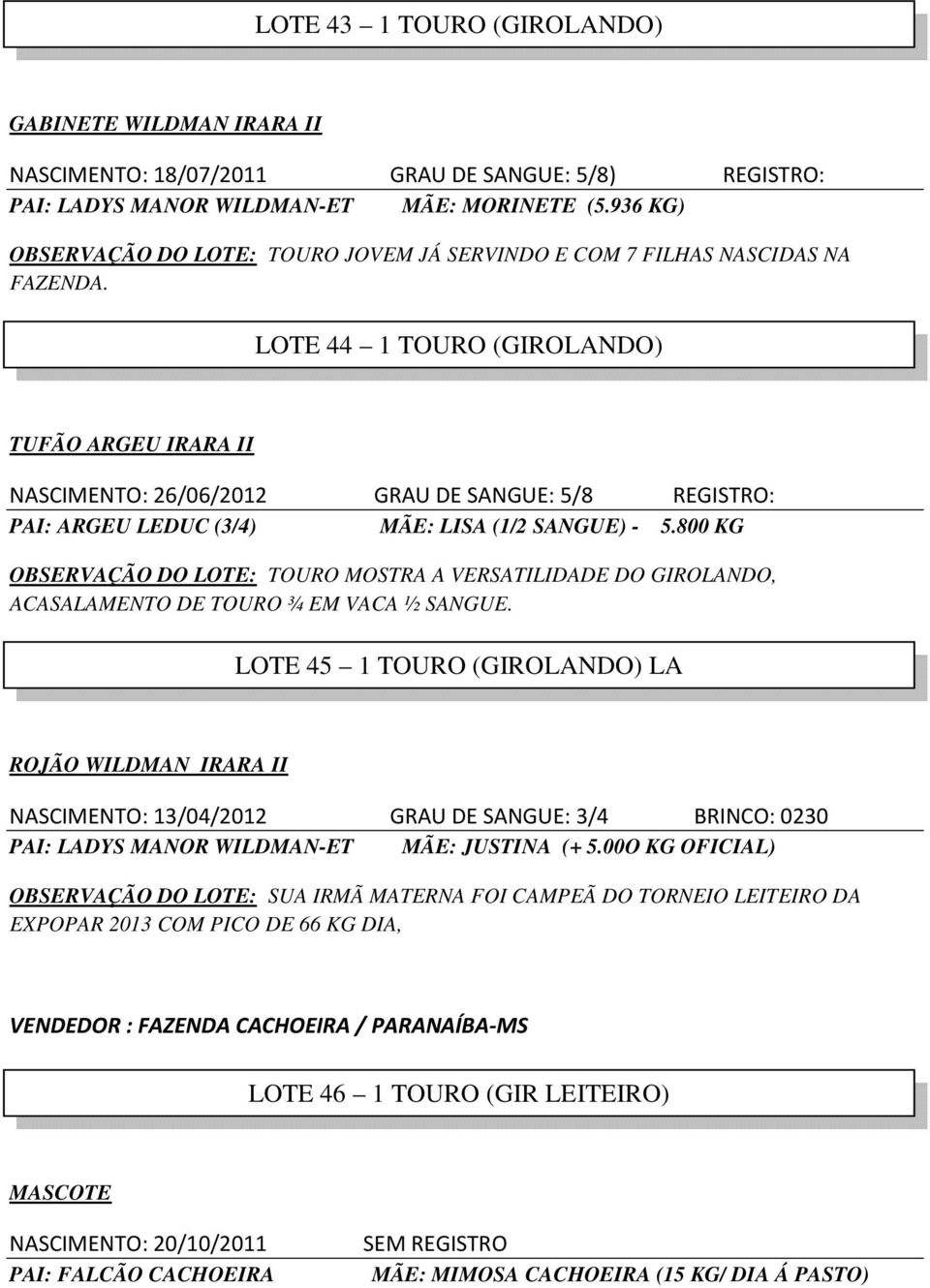 LOTE 44 1 TOURO (GIROLANDO) TUFÃO ARGEU IRARA II NASCIMENTO: 26/06/2012 GRAU DE SANGUE: 5/8 REGISTRO: ARGEU LEDUC (3/4) LISA (1/2 SANGUE) - 5.