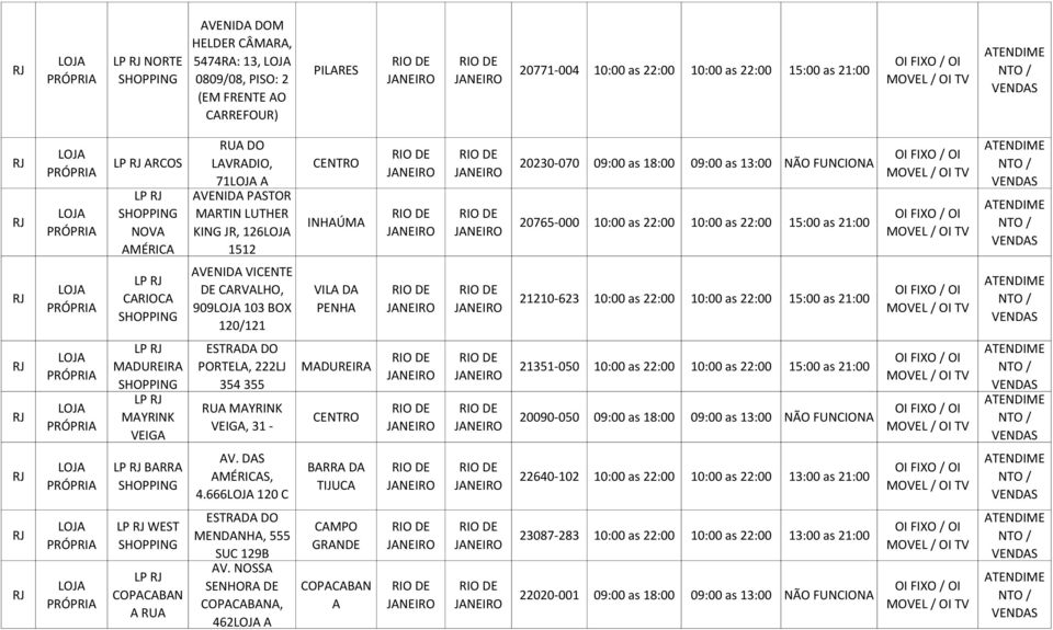 120/121 VIL D PENH 21210-623 10:00 as 22:00 10:00 as 22:00 15:00 as 21:00 / OI TV / LP MDUREIR LP MYRINK VEIG ESTRD DO PORTEL, 222LJ 354 355 RU MYRINK VEIG, 31 - MDUREIR 21351-050 10:00 as 22:00