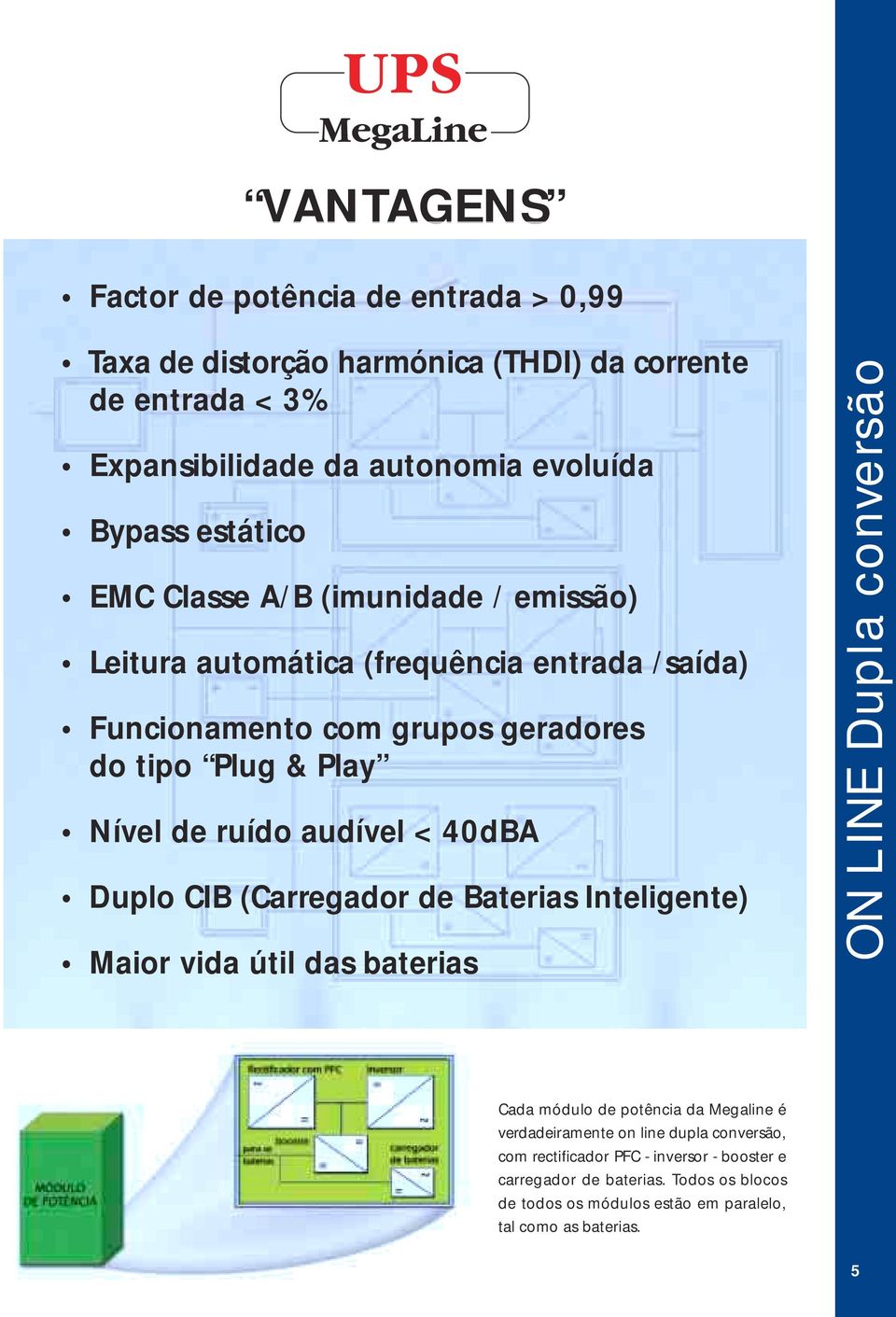 40dBA Duplo CIB (Carregador de Baterias Inteligente) Maior vida útil das baterias ON LINE Dupla conversão Cada módulo de potência da Megaline é verdadeiramente on