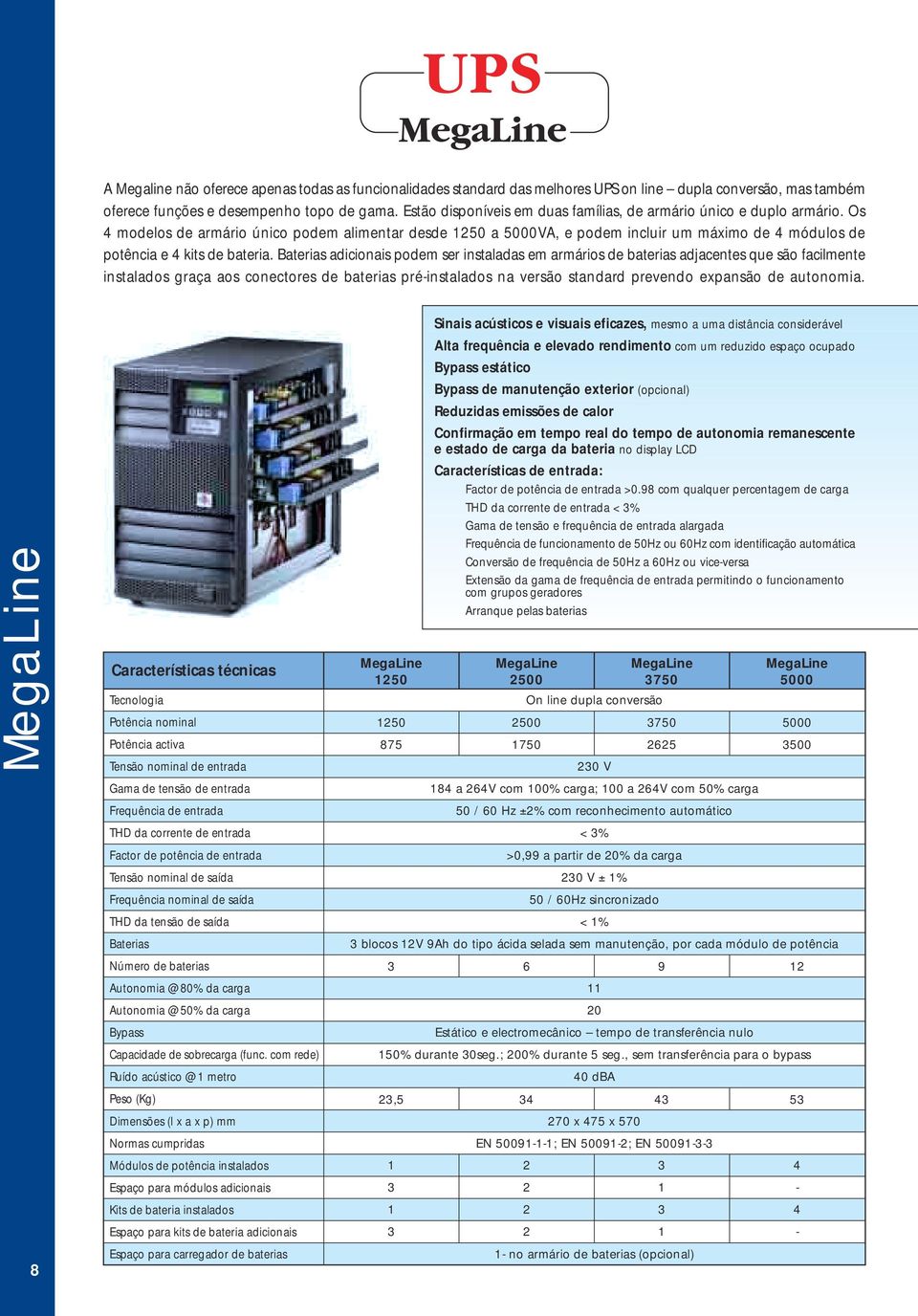 Os 4 modelos de armário único podem alimentar desde 1250 a 5000VA, e podem incluir um máximo de 4 módulos de potência e 4 kits de bateria.