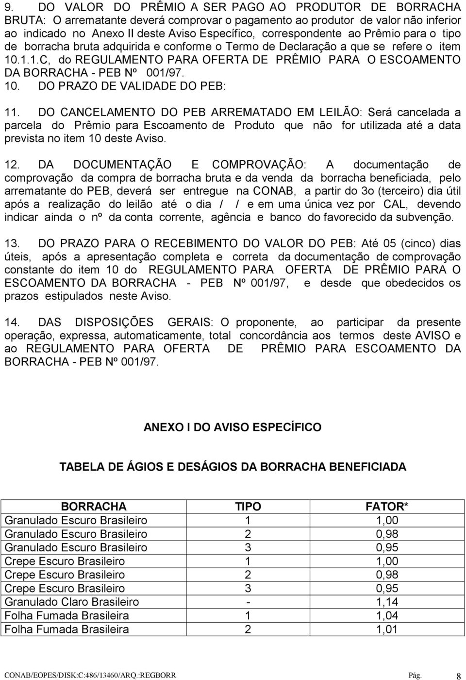 .1.1.C, do REGULAMENTO PARA OFERTA DE PRÊMIO PARA O ESCOAMENTO DA BORRACHA - PEB Nº 001/97. 10. DO PRAZO DE VALIDADE DO PEB: 11.