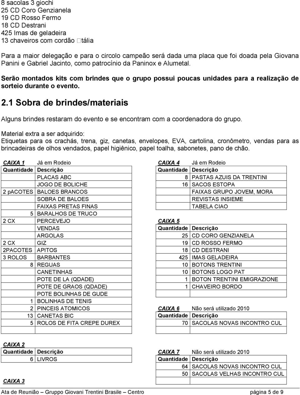 Serão montados kits com brindes que o grupo possui poucas unidades para a realização de sorteio durante o evento. 2.