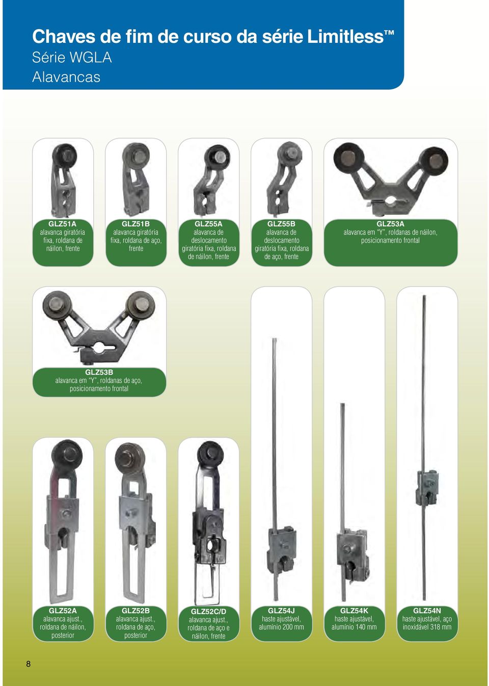 posicionamento frontal GLZ53B alavanca em Y, roldanas de aço, posicionamento frontal GLZ52 alavanca ajust., roldana de náilon, posterior GLZ52B alavanca ajust.