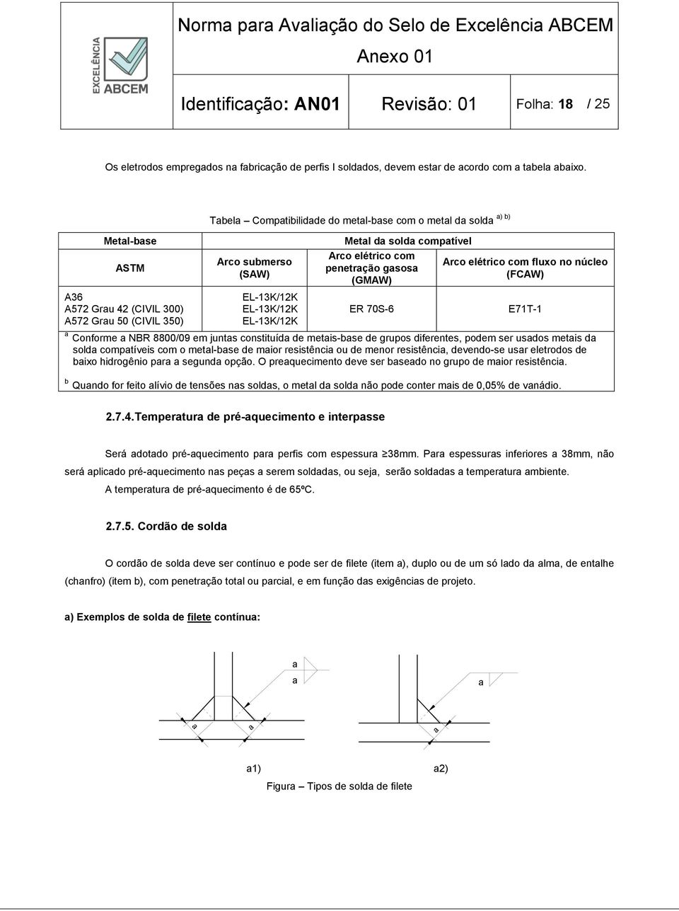 compatível Arco elétrico com penetração gasosa (GMAW) ER 70S-6 a) b) Arco elétrico com fluxo no núcleo (FCAW) E71T-1 a Conforme a NBR 8800/09 em juntas constituída de metais-base de grupos