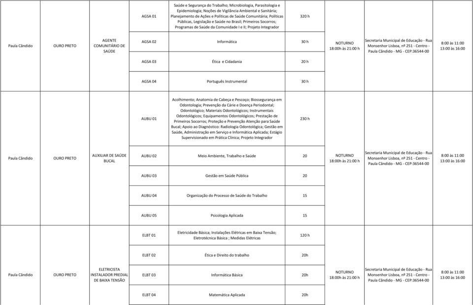 às 21:00 h Monsenhor Lisboa, nº 251 - Centro - Paula Cândido - MG - CEP:36544-00 13:00 às 16:00 AGSA 03 Ética e Cidadania 20 h AGSA 04 Português Instrumental 30 h AUBU 01 Acolhimento; Anatomia de
