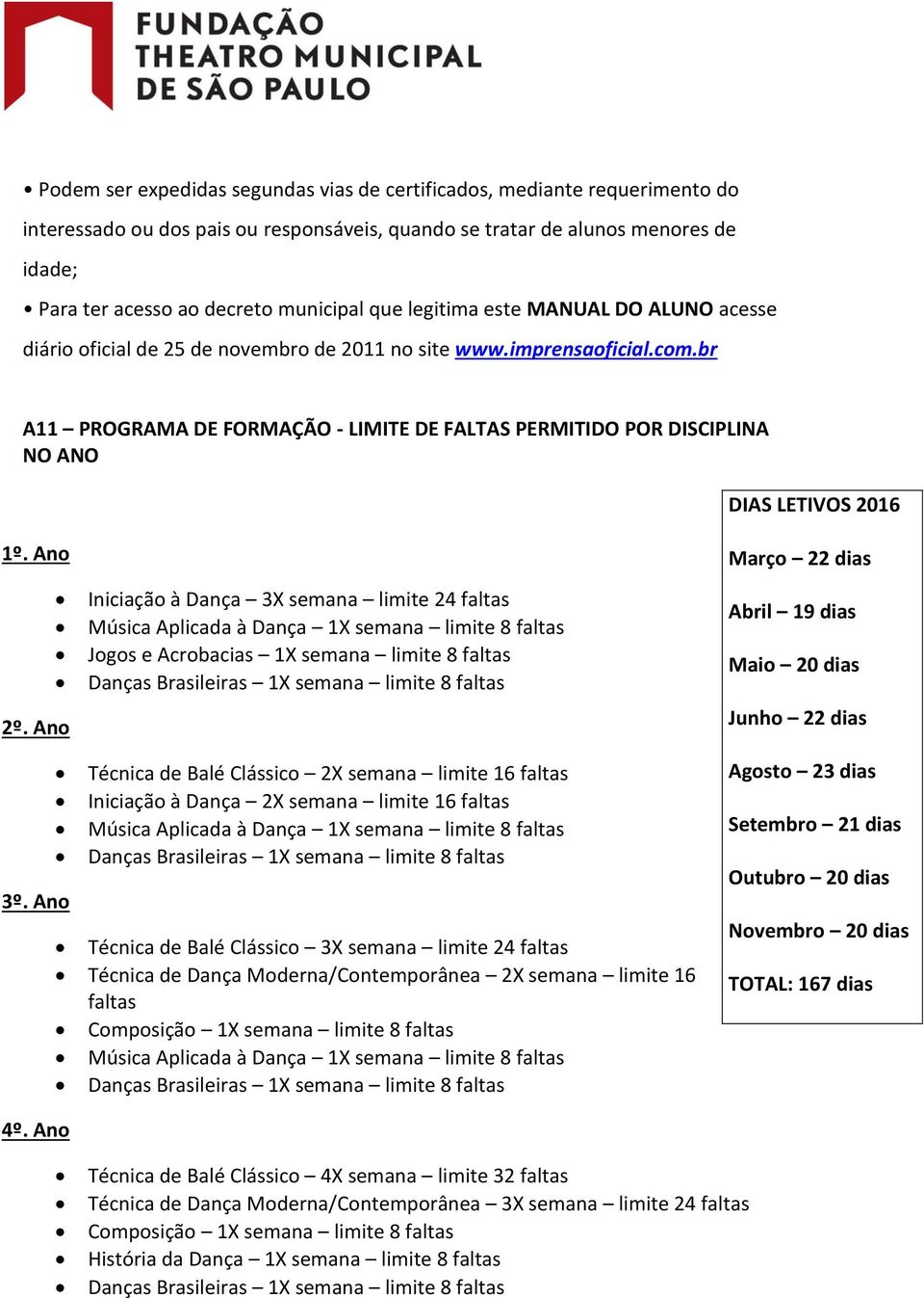 br A11 PROGRAMA DE FORMAÇÃO - LIMITE DE FALTAS PERMITIDO POR DISCIPLINA NO ANO DIAS LETIVOS 2016 1º. Ano 2º.