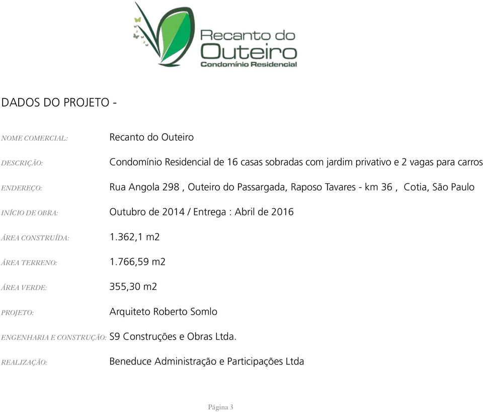 Outubro de 2014 / Entrega : Abril de 2016 ÁREA CONSTRUÍDA: ÁREA TERRENO: ÁREA VERDE: PROJETO: 1.362,1 m2 1.