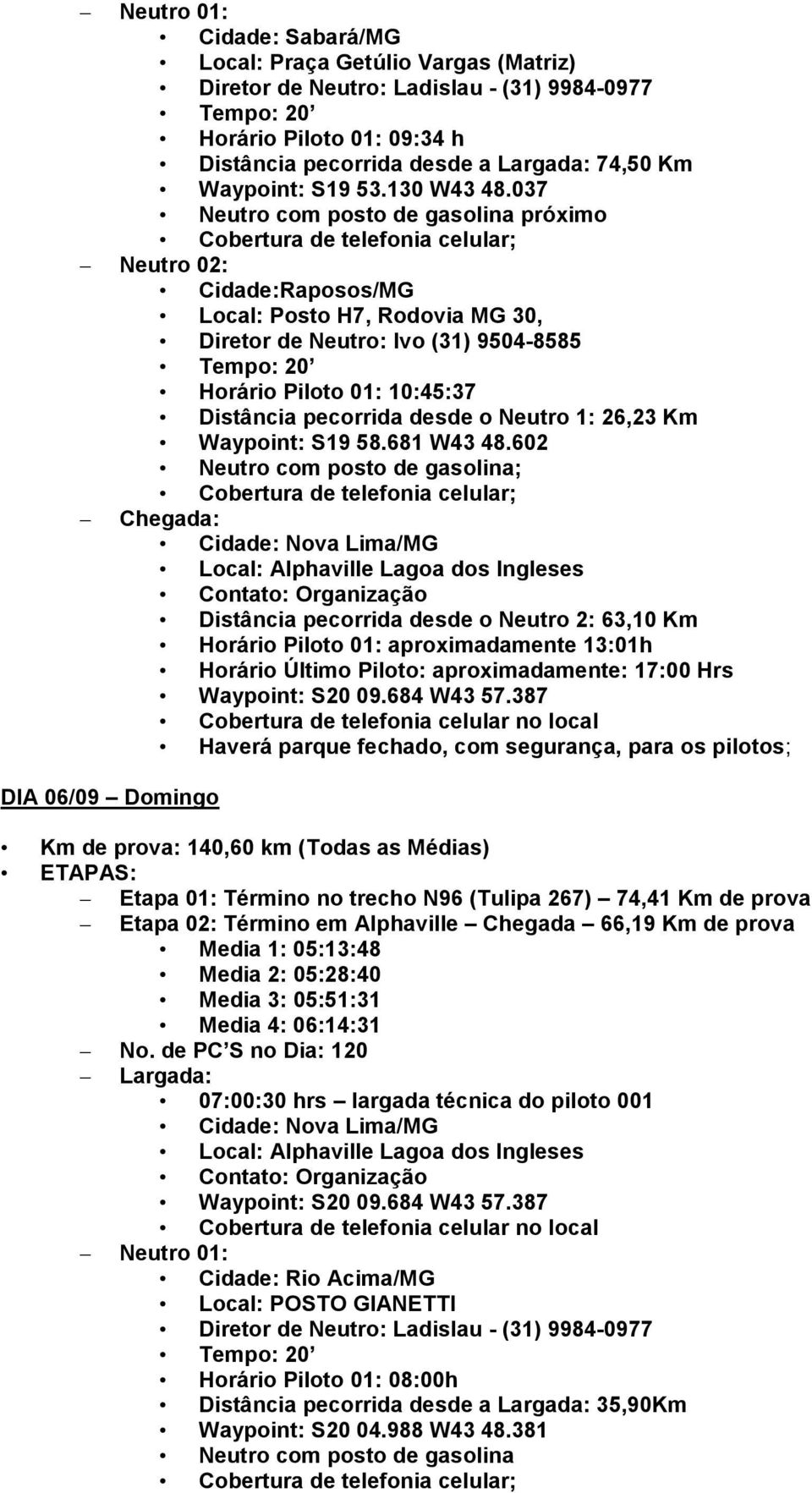 037 Neutro com posto de gasolina próximo Cobertura de telefonia celular; Neutro 02: Cidade:Raposos/MG Local: Posto H7, Rodovia MG 30, Diretor de Neutro: Ivo (31) 9504-8585 Horário Piloto 01: 10:45:37