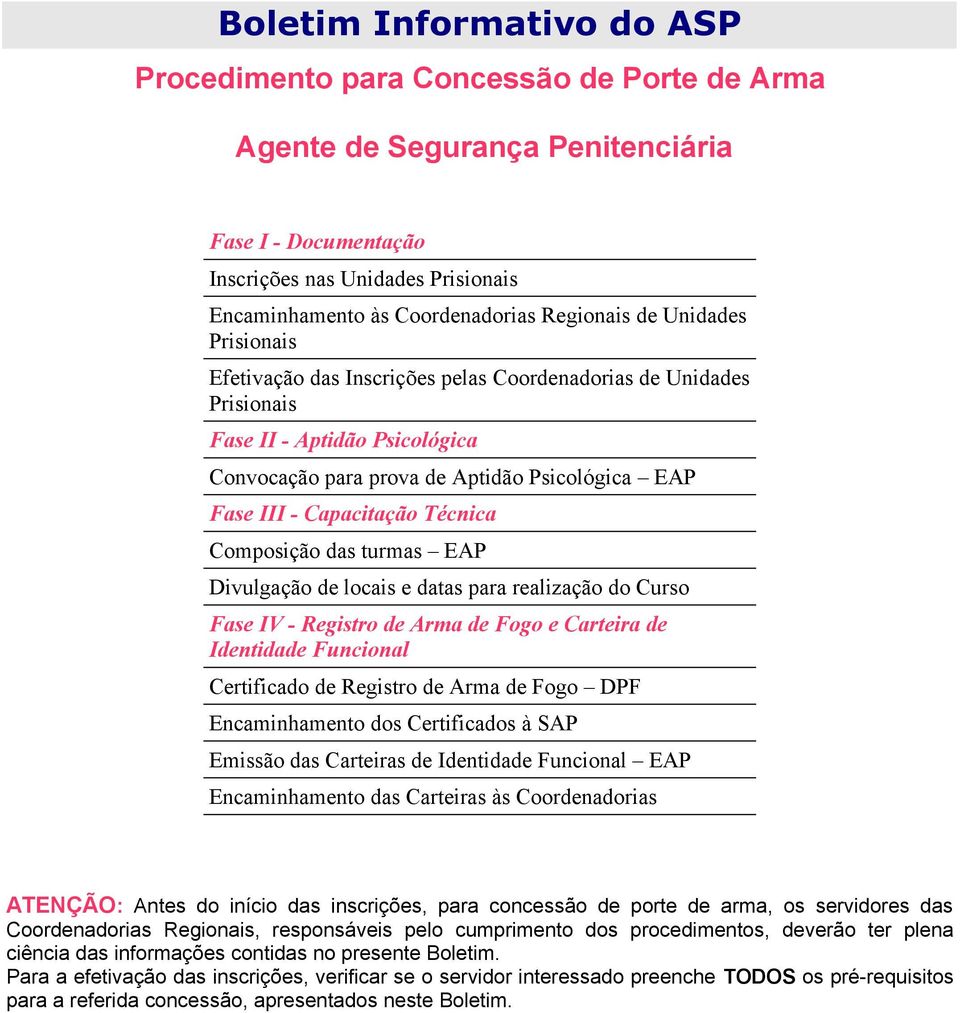 Composição das turmas EAP Divulgação de locais e datas para realização do Curso Fase IV - Registro de Arma de Fogo e Carteira de Identidade Funcional Certificado de Registro de Arma de Fogo DPF