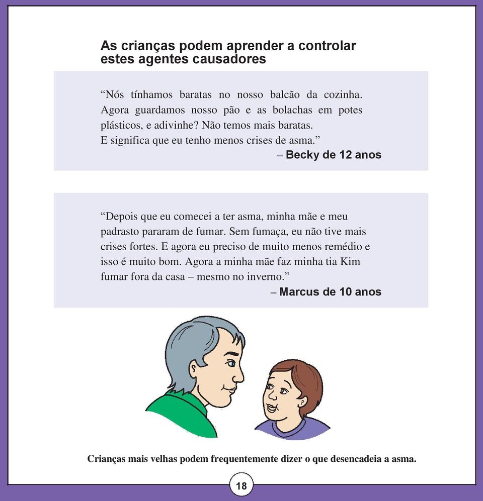 Becky de 12 anos Depois que eu comecei a ter asma, minha mãe e meu padrasto pararam de fumar. Sem fumaça, eu não tive mais crises fortes.