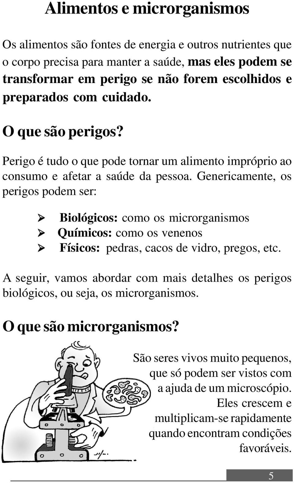 Genericamente, os perigos podem ser: Biológicos: como os microrganismos Químicos: como os venenos Físicos: pedras, cacos de vidro, pregos, etc.