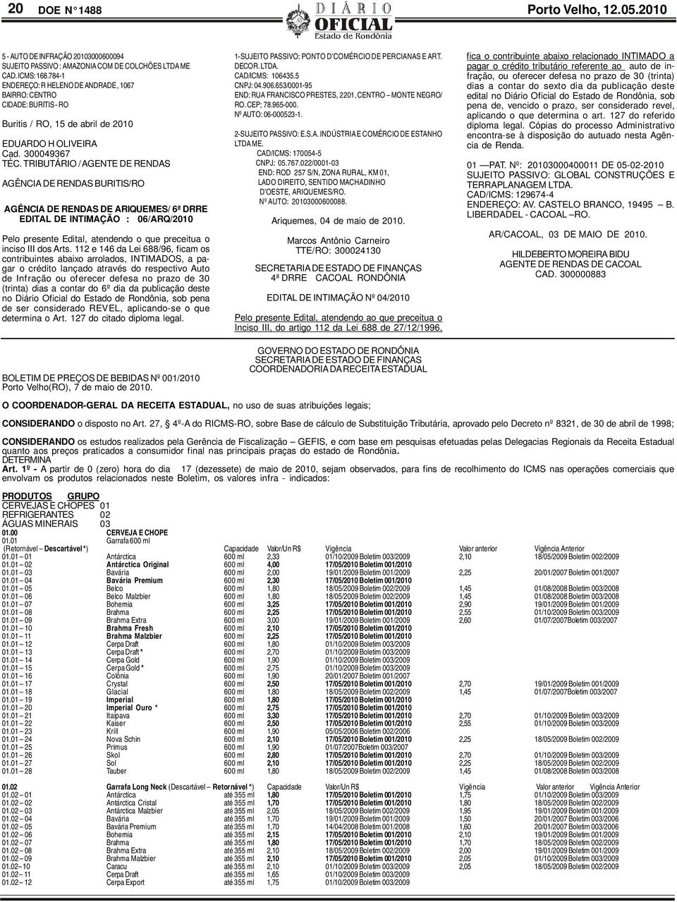 TRIBUTÁRIO / AGENTE DE RENDAS AGÊNCIA DE RENDAS BURITIS/RO AGÊNCIA DE RENDAS DE ARIQUEMES/ 6ª DRRE EDITAL DE INTIMAÇÃO : 06/ARQ/2010 Pelo presente Edital, atendendo o que preceitua o inciso III dos