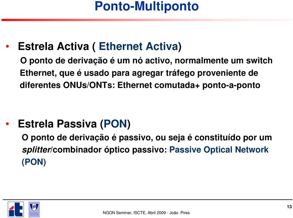 ONUs/ONTs: Ethernet comutada+ ponto-a-ponto Estrela Passiva (PON) O ponto de derivação é