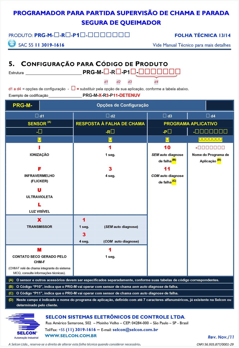 Exemplo de codificação PRG-M-X-R3-P11-DETENUV PRG-M- Opções de Configuração R d1 R d2 R d3 R d4 SENSOR (A) RESPOSTA À FALHA DE CHAMA PROGRAMA APLICATIVO -R -RR -PR -RRRRRRR R R R RRRRRRR I 1 10