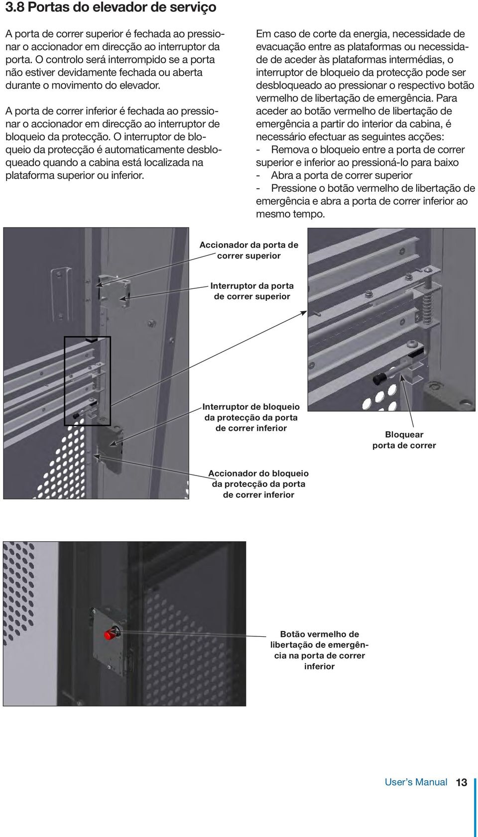 A porta de correr inferior é fechada ao pressionar o accionador em direcção ao interruptor de bloqueio da protecção.
