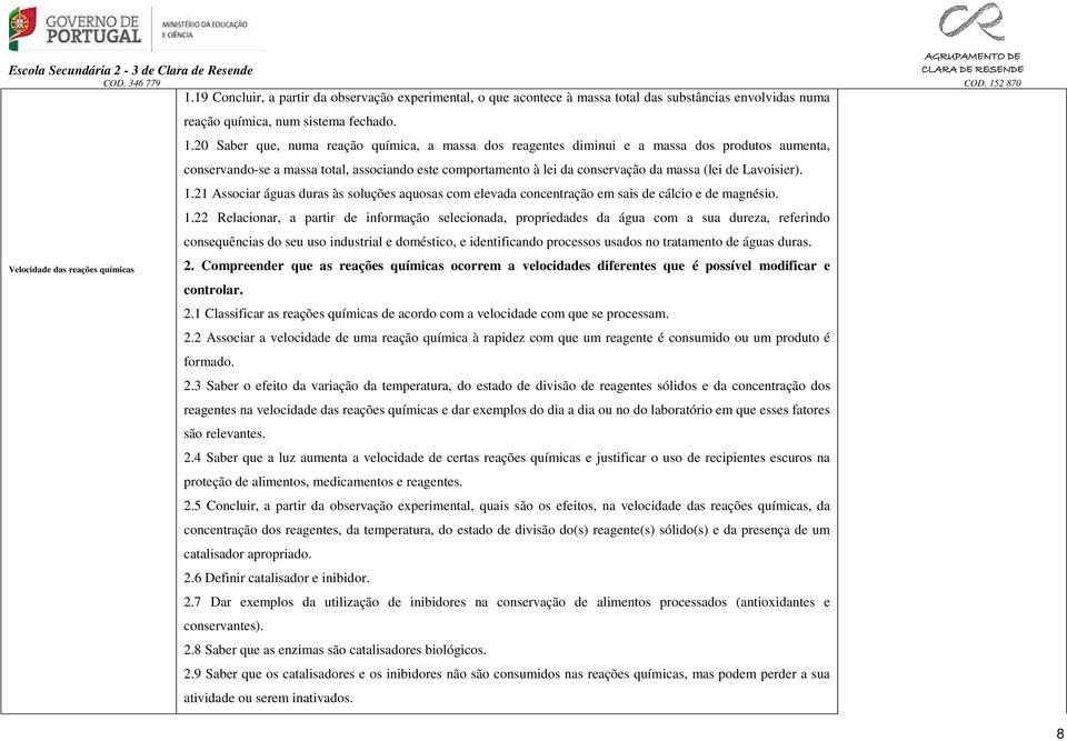 20 Saber que, numa reação química, a massa dos reagentes diminui e a massa dos produtos aumenta, conservando-se a massa total, associando este comportamento à lei da conservação da massa (lei de