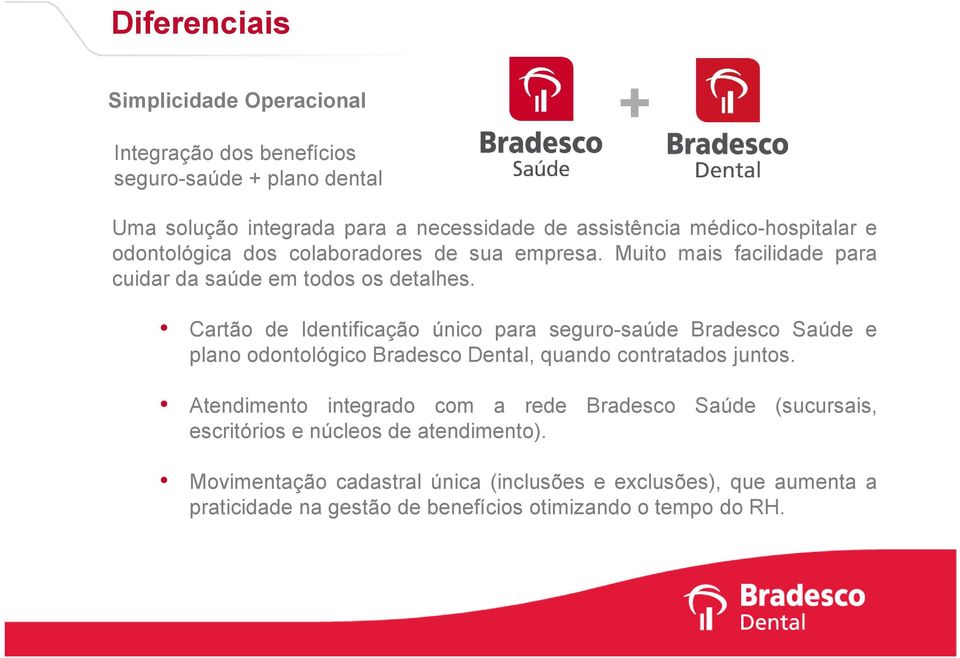 Cartão de Identificação único para seguro-saúde Bradesco Saúde e plano odontológico Bradesco Dental, quando contratados juntos.