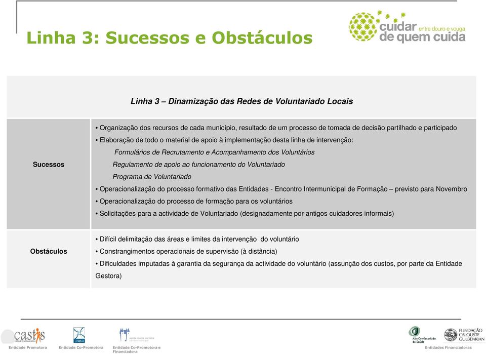 Voluntariado Programa de Voluntariado Operacionalização do processo formativo das Entidades - Encontro Intermunicipal de Formação previsto para Novembro Operacionalização do processo de formação para