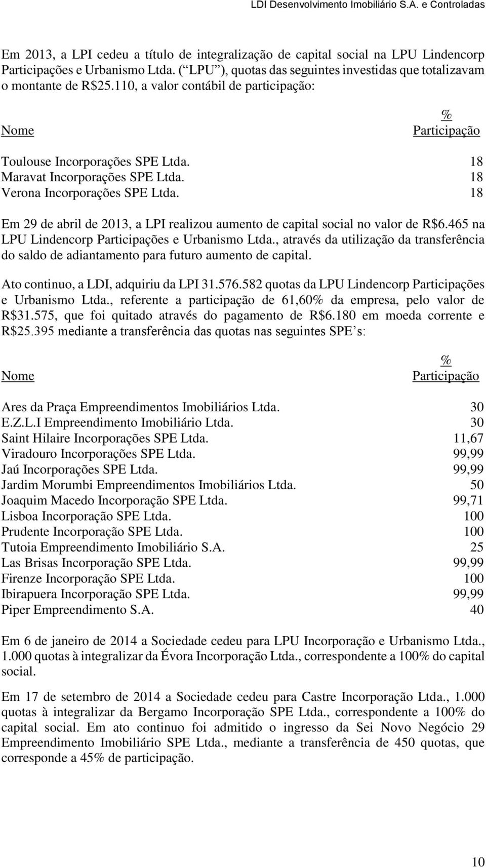 18 Maravat Incorporações SPE Ltda. 18 Verona Incorporações SPE Ltda. 18 Em 29 de abril de 2013, a LPI realizou aumento de capital social no valor de R$6.