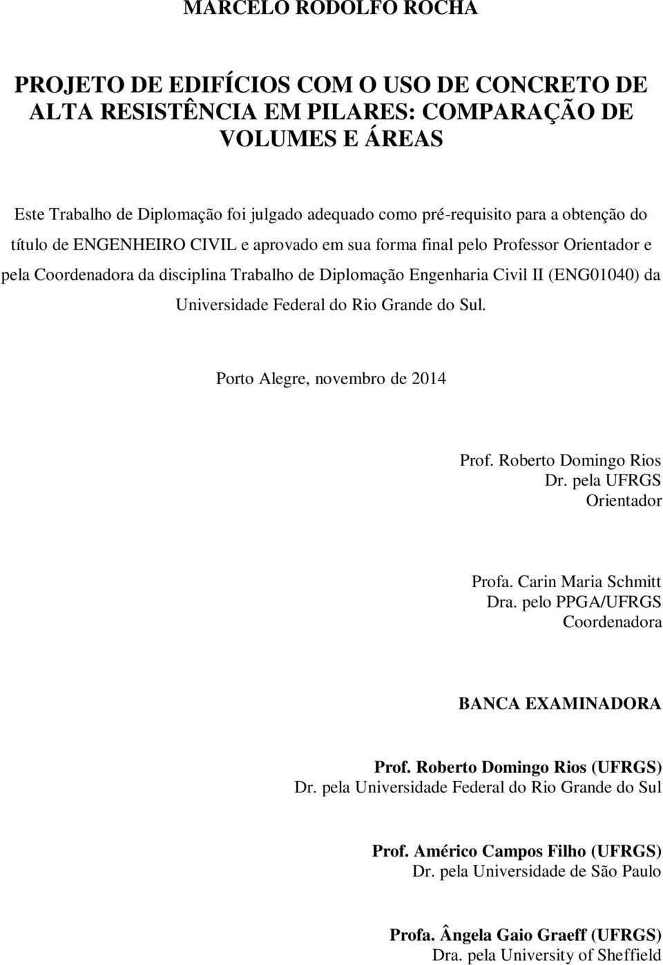 Universidade Federal do Rio Grande do Sul. Porto Alegre, novembro de 2014 Prof. Roberto Domingo Rios Dr. pela UFRGS Orientador Profa. Carin Maria Schmitt Dra.