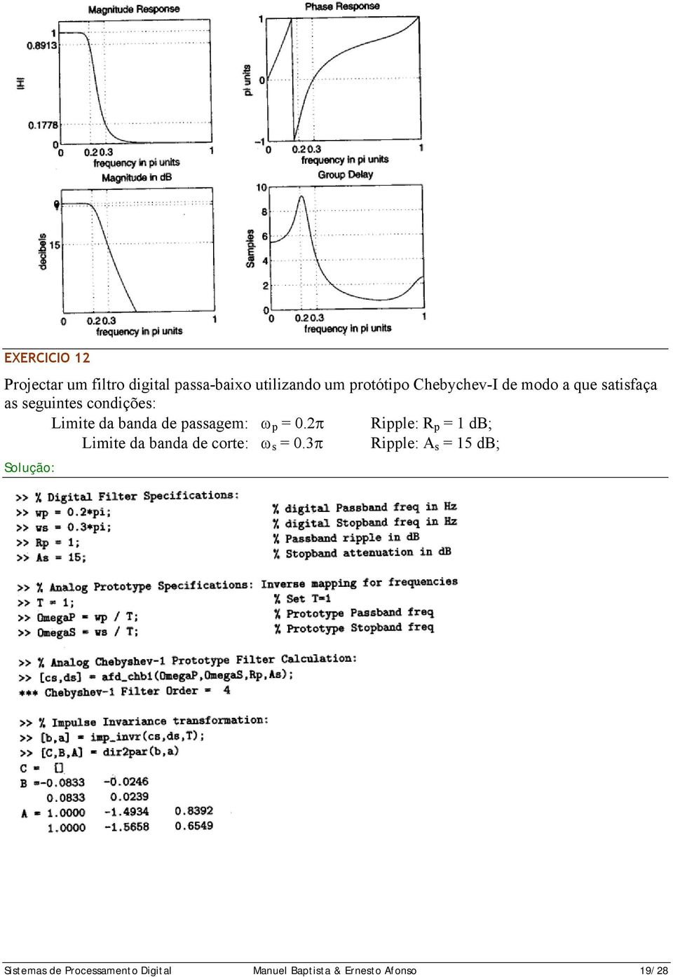 passagem: ω p = 0.2π Ripple: R p = 1 db; Limite da banda de corte: ω s = 0.