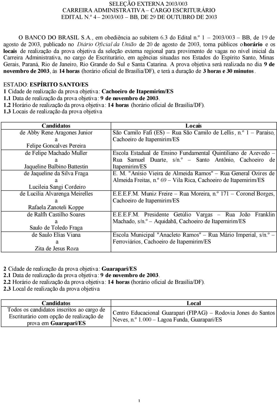 de vgs no nível inicil d Crreir Administrtiv, no crgo de Escriturário, em gêncis situds nos Estdos do Espírito Snto, Mins Geris, Prná, Rio de Jneiro, Rio Grnde do Sul e Snt Ctrin.