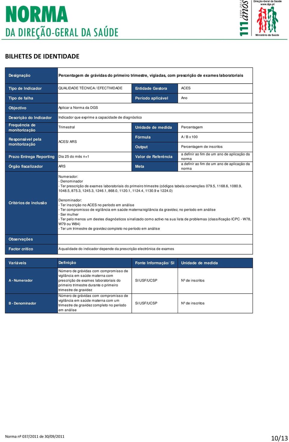 Reporting Órgão fiscalizador Trimestral ACES/ ARS Dia 25 do mês n+1 ARS Unidade de medida Percentagem Fórmula A / B x 100 Output Valor de Referência Meta Percentagem de inscritos Numerador: -