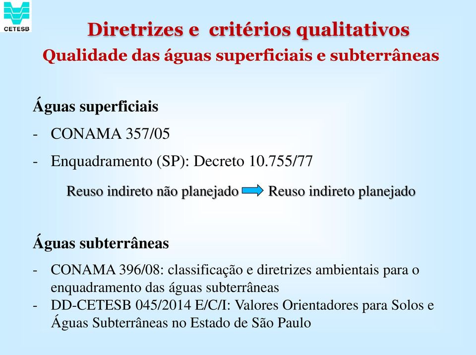 755/77 Reuso indireto não planejado Reuso indireto planejado Águas subterrâneas - CONAMA 396/08: