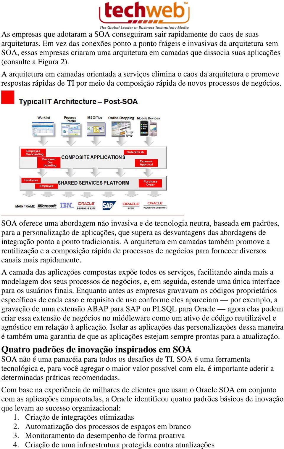 A arquitetura em camadas orientada a serviços elimina o caos da arquitetura e promove respostas rápidas de TI por meio da composição rápida de novos processos de negócios.