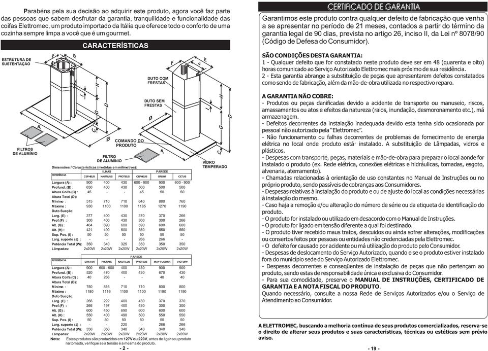 CERTIFICADO DE GARANTIA Garantimos este produto contra qualquer defeito de fabricação que venha a se apresentar no período de 21 meses, contados a partir do término da garantia legal de 90 dias,