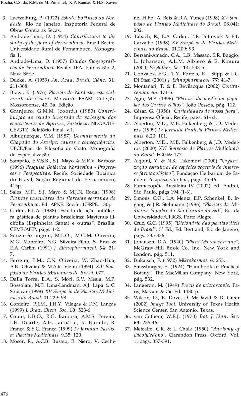 (1957) Estudos fitogeográficos de Pernambuco Recife: IPA. Publicação 2, Nova Série. 6. Ducke, A. (1959) An. Acad. Brasil. Ciênc. 31: 211-308. 7. Braga, R.