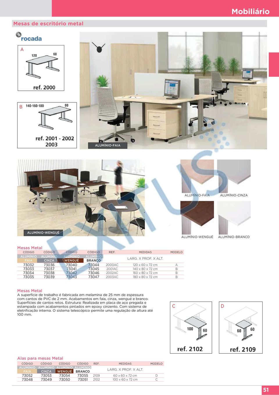 73043 73047 2003AC 180 x 80 x 72 cm B Mesas Metal A superfície de trabalho é fabricada em melamina de 25 de espessura com cantos de PVC de 2. Acabamentos em faia, cinza, wengué e branco.