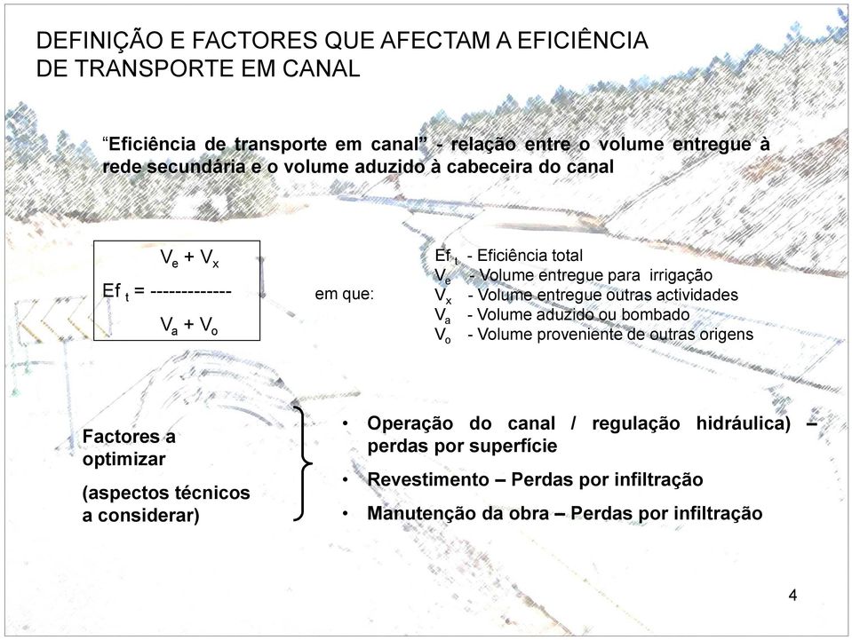 t Ve Vx Va Vo - Eficiência total - Volume entregue para irrigação - Volume entregue outras actividades - Volume aduzido ou bombado - Volume proveniente