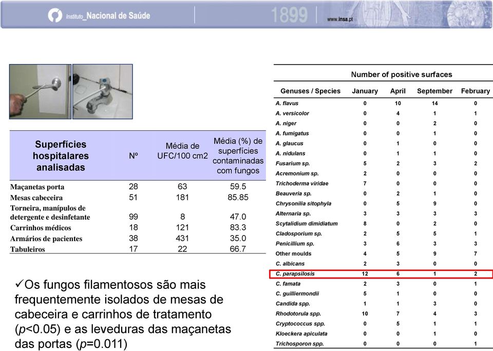 7 Os fungos filamentosos são mais frequentemente isolados de mesas de cabeceira e carrinhos de tratamento (p<0.05) e as leveduras das maçanetas das portas (p=0.011) A. flavus 0 10 14 0 A.