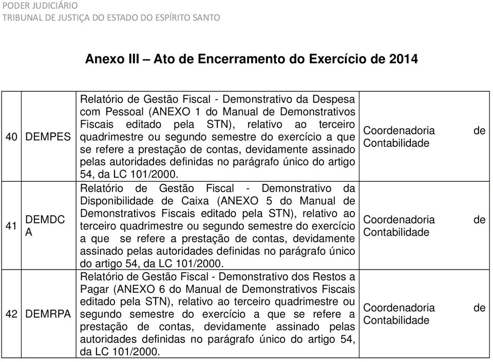 Relatório de Gestão Fiscal - Demonstrativo da Disponibilidade de Caixa (ANEXO 5 do Manual de Demonstrativos Fiscais editado pela STN), relativo ao terceiro quadrimestre ou segundo  Relatório de