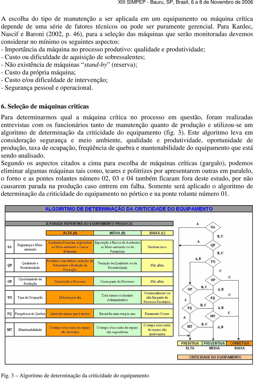 dificuldade de aquisição de sobressalentes; - Não existência de máquinas stand-by (reserva); - Custo da própria máquina; - Custo e/ou dificuldade de intervenção; - Segurança pessoal e operacional. 6.