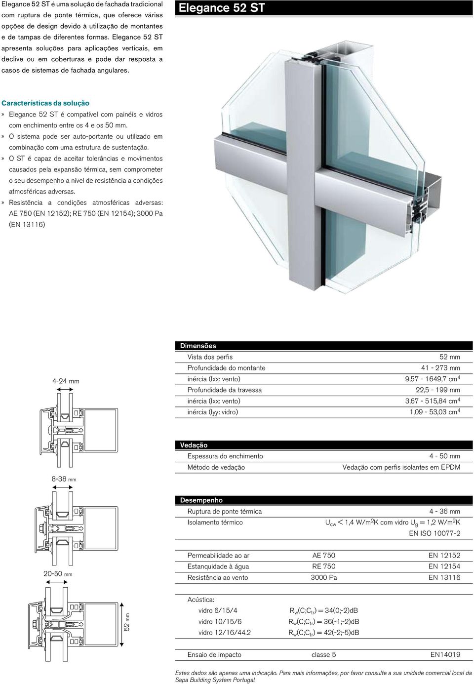 Elegance 52 ST Características da solução» Elegance 52 ST é compatível com painéis e vidros com enchimento entre os 4 e os 50 mm.