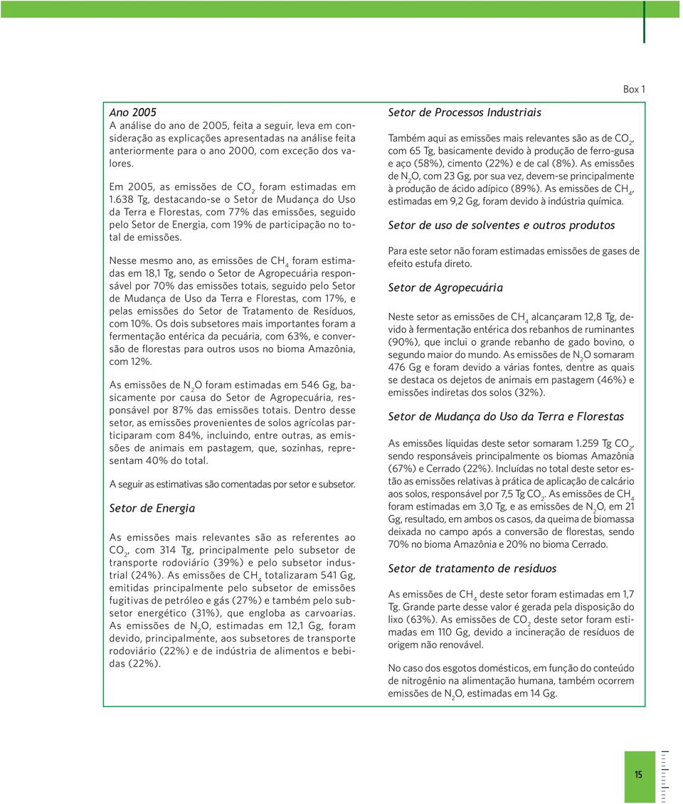 638 Tg, destacando-se o Setor de Mudança do Uso da Terra e Florestas, com 77% das emissões, seguido pelo Setor de Energia, com 19% de participação no total de emissões.