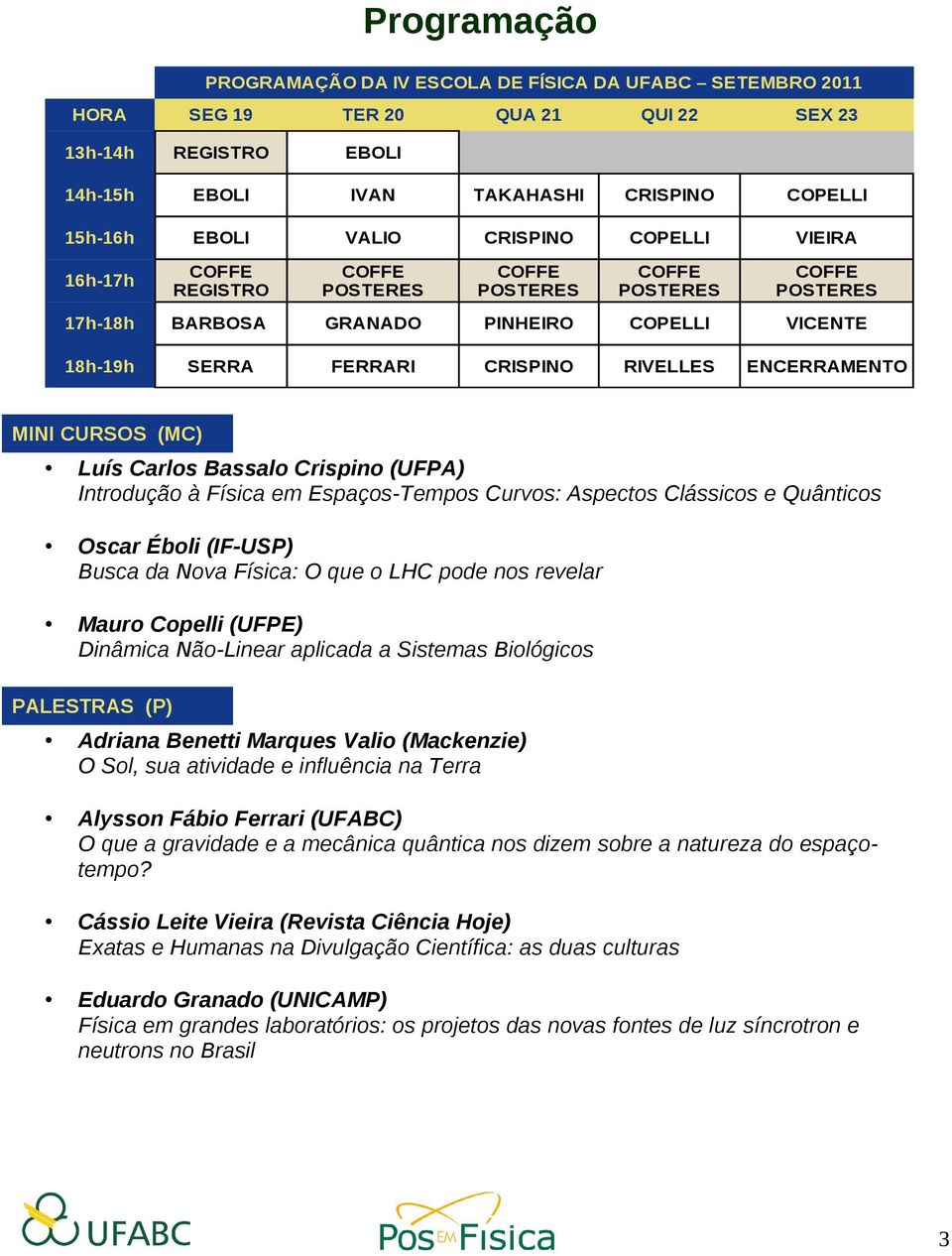 ENCERRAMENTO MINI CURSOS (MC) Luís Carlos Bassalo Crispino (UFPA) Introdução à Física em Espaços-Tempos Curvos: Aspectos Clássicos e Quânticos Oscar Éboli (IF-USP) Busca da Nova Física: O que o LHC