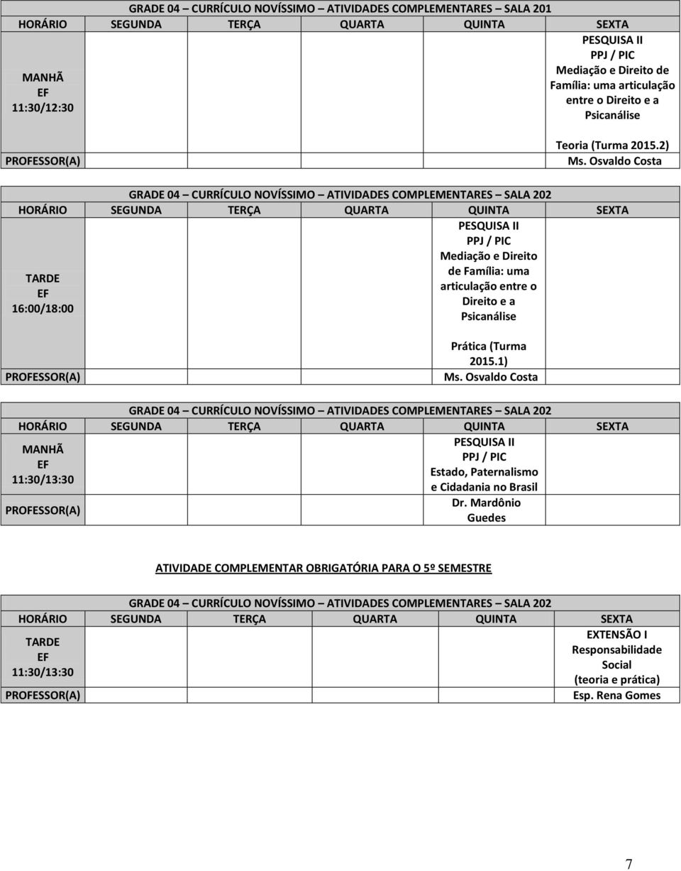 1) Ms. Osvaldo Costa GRADE 04 CURRÍCULO NOVÍSSIMO ATIVIDADES COMPLEMENTARES SALA 202 Estado, Paternalismo 11:30/13:30 e Cidadania no Brasil Dr.