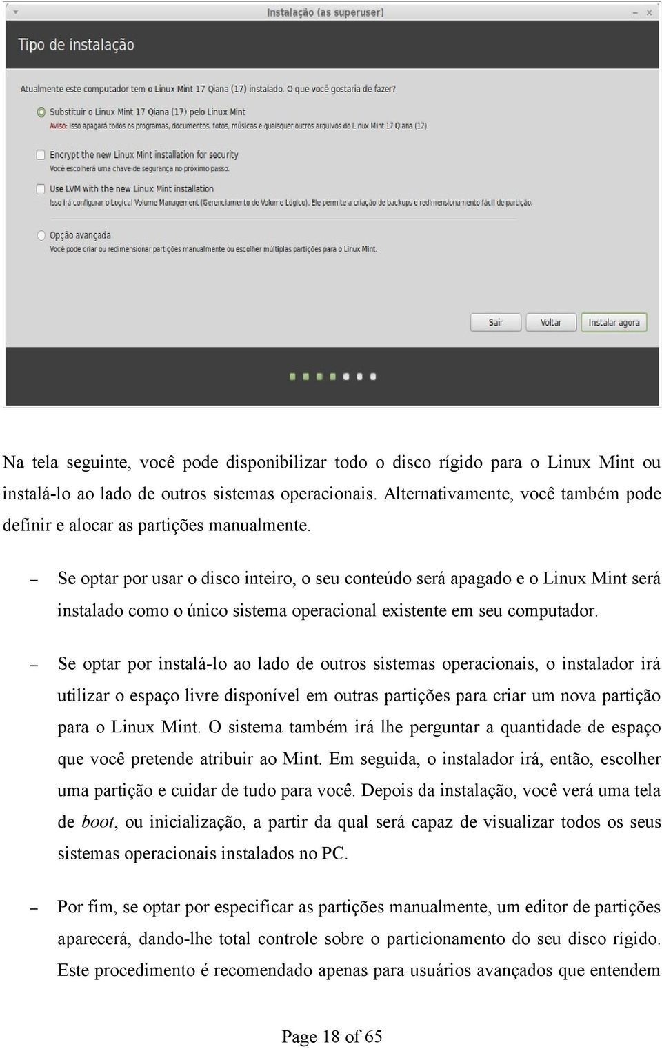 Se optar por usar o disco inteiro, o seu conteúdo será apagado e o Linux Mint será instalado como o único sistema operacional existente em seu computador.