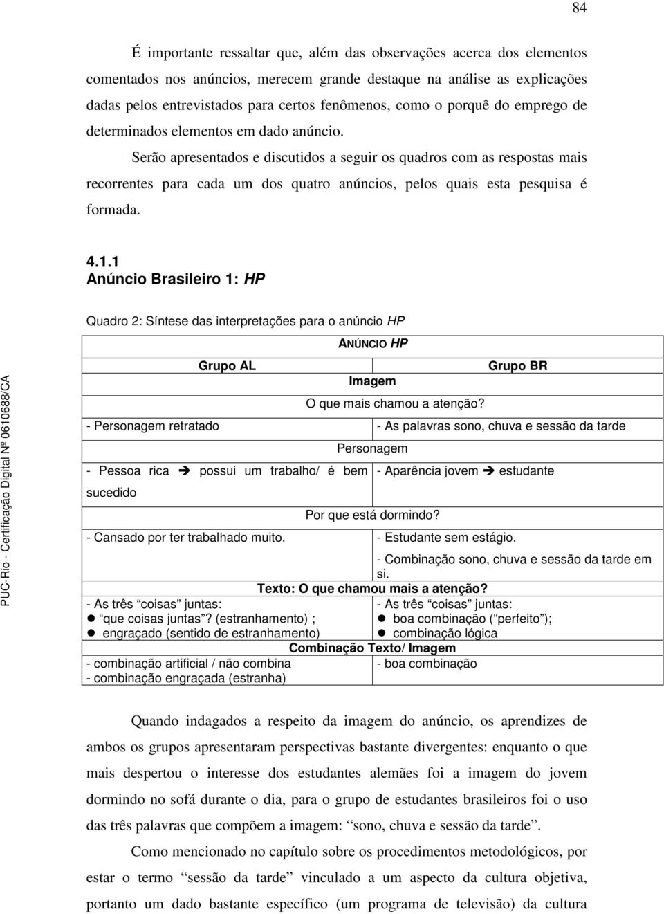 Serão apresentados e discutidos a seguir os quadros com as respostas mais recorrentes para cada um dos quatro anúncios, pelos quais esta pesquisa é formada. 4.1.