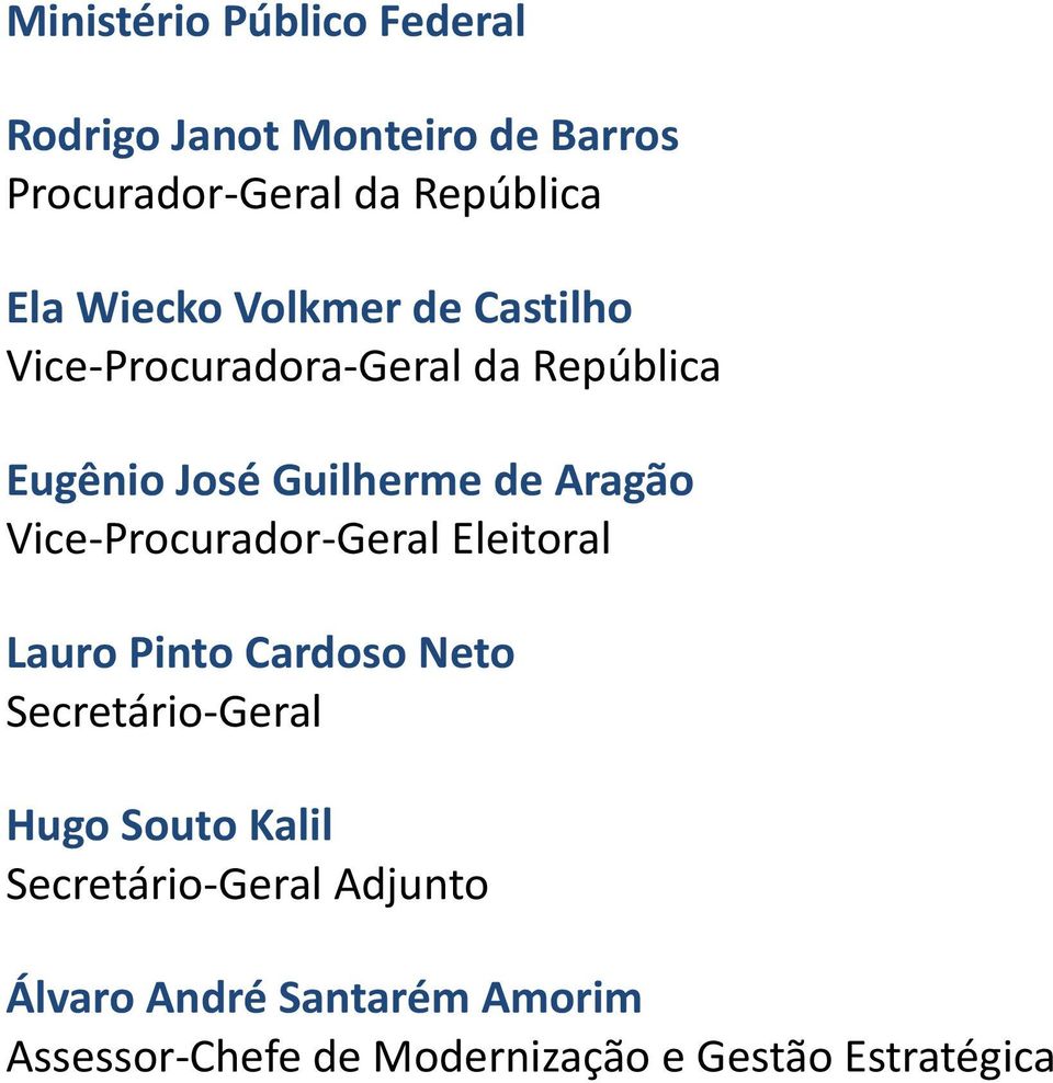 Vice-Procurador-Geral Eleitoral Lauro Pinto Cardoso Neto Secretário-Geral Hugo Souto Kalil