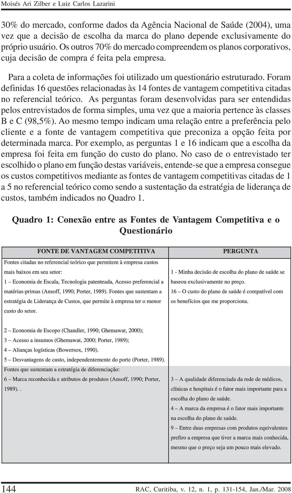 Foram definidas 16 questões relacionadas às 14 fontes de vantagem competitiva citadas no referencial teórico.