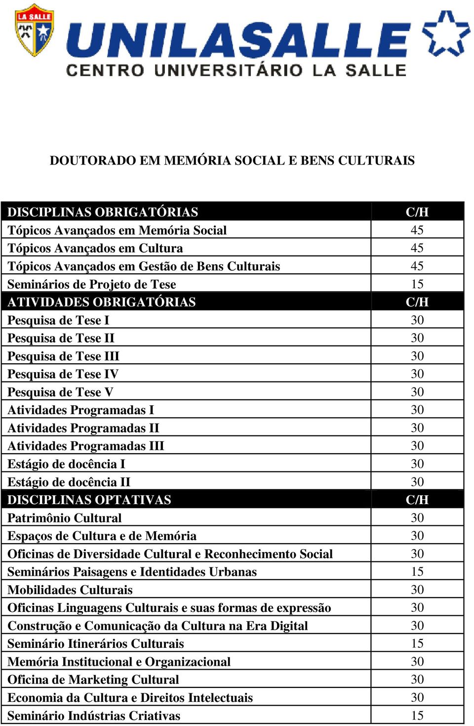 Atividades Programadas II 30 Atividades Programadas III 30 Estágio de docência I 30 Estágio de docência II 30 DISCIPLINAS OPTATIVAS Patrimônio Cultural 30 Espaços de Cultura e de Memória 30 Oficinas