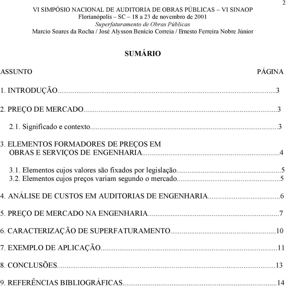 ..5 3.2. Elementos cujos preços variam segundo o mercado...5 4. ANÁLISE DE CUSTOS EM AUDITORIAS DE ENGENHARIA...6 5.