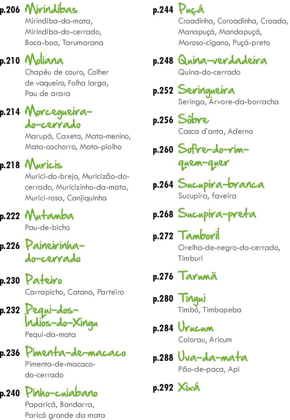 222 Mutamba Pau-de-bicho p.226 Paineirinhado-cerrado p.230 Pateiro Carrapicho, Catana, Parteiro p.232 Pequi-dos- Índios-do-Xingu Pequi-da-mata p.236 Pimenta-de-macaco Pimenta-de-macacodo-cerrado p.