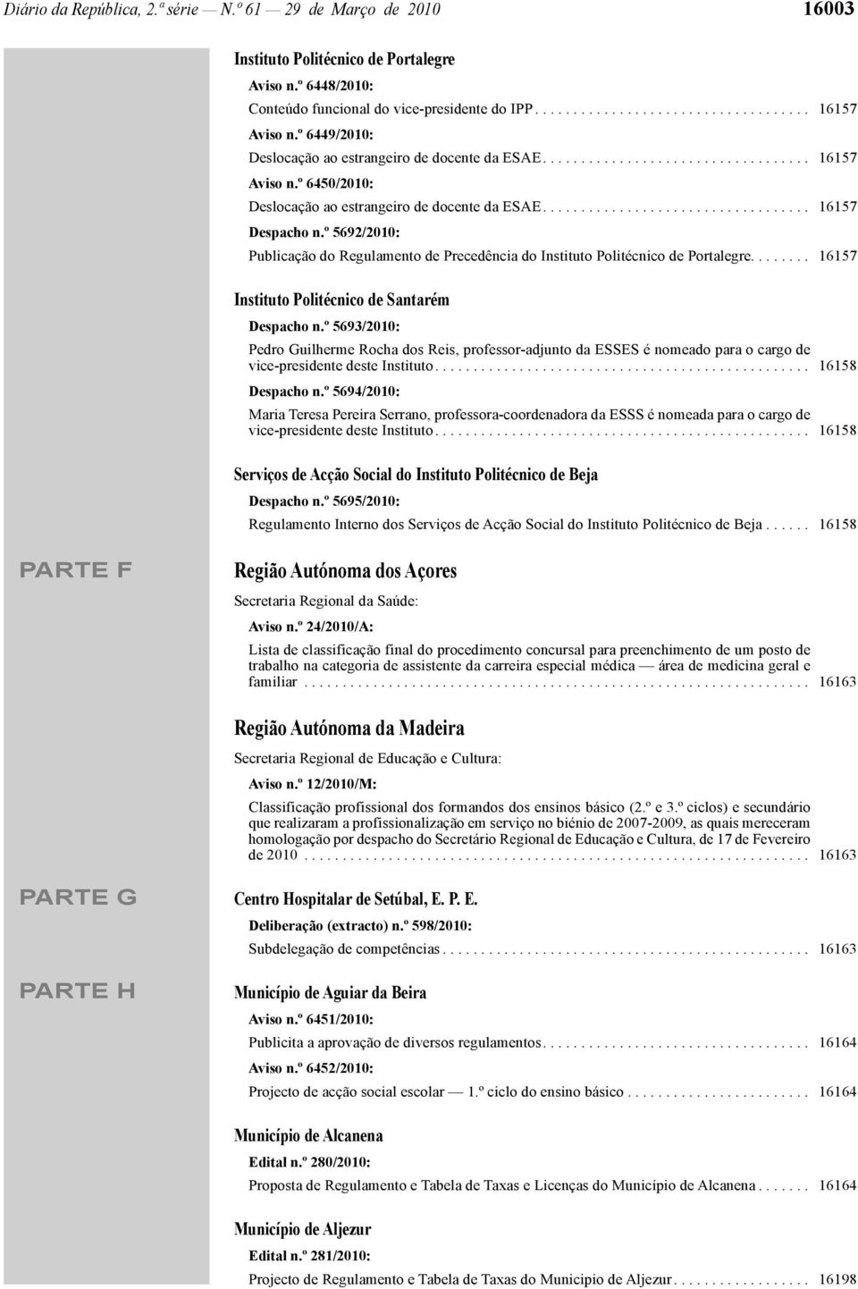 º 5692/2010: Publicação do Regulamento de Precedência do Instituto Politécnico de Portalegre........ 16157 Instituto Politécnico de Santarém Despacho n.