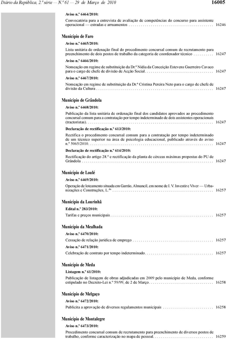 º 6465/2010: Lista unitária de ordenação final do procedimento concursal comum de recrutamento para preenchimento de dois postos de trabalho da categoria de coordenador técnico.......... 16247 Aviso n.